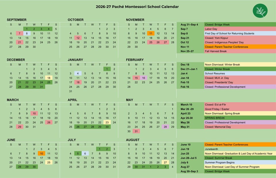 Paché Montessori 2026/27 school calendar